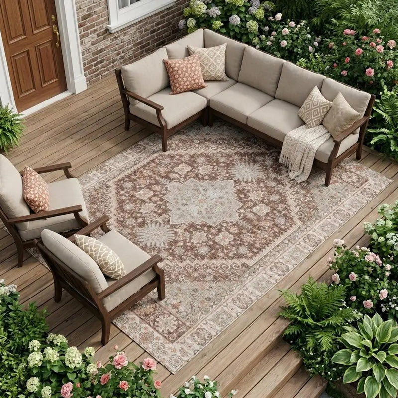 9' X 12' Orange And Beige Oriental Washable Indoor Outdoor Area Rug Homeroots Outdoor
