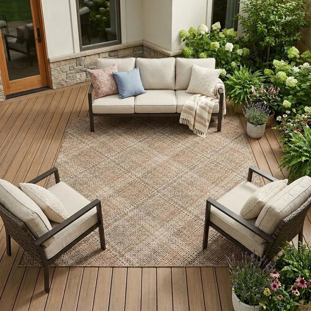 9' X 12' Orange And Beige Plaid Washable Indoor Outdoor Area Rug Homeroots Outdoor