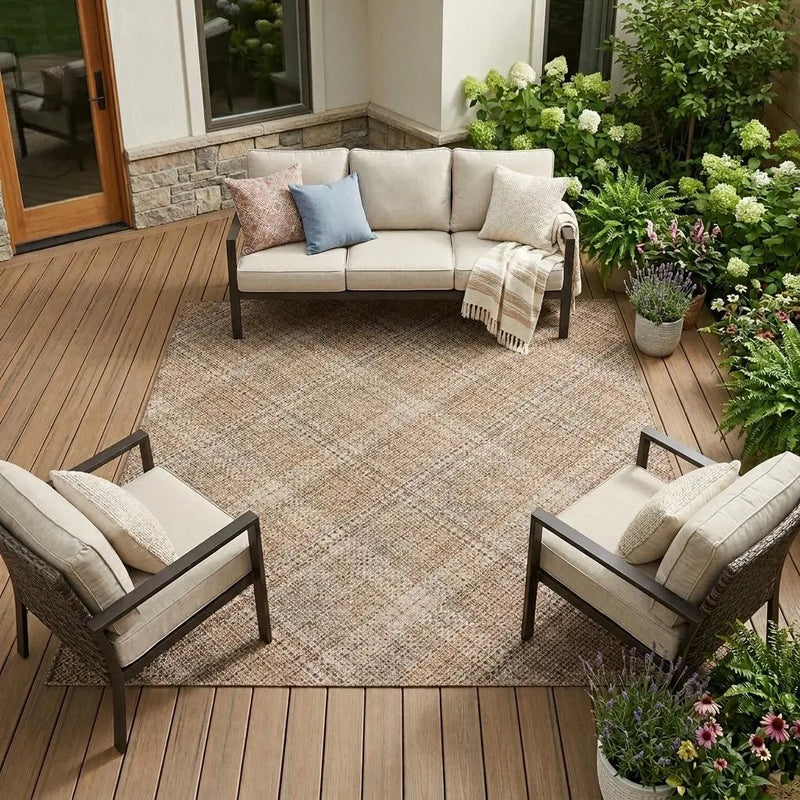 9' X 12' Orange And Beige Plaid Washable Indoor Outdoor Area Rug Homeroots Outdoor