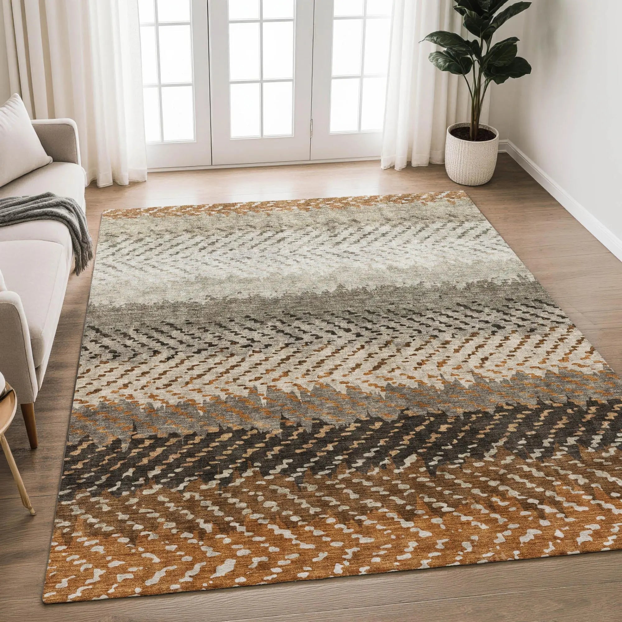 9' X 12' Orange And Beige Striped Washable Indoor Outdoor Area Rug Homeroots Outdoor