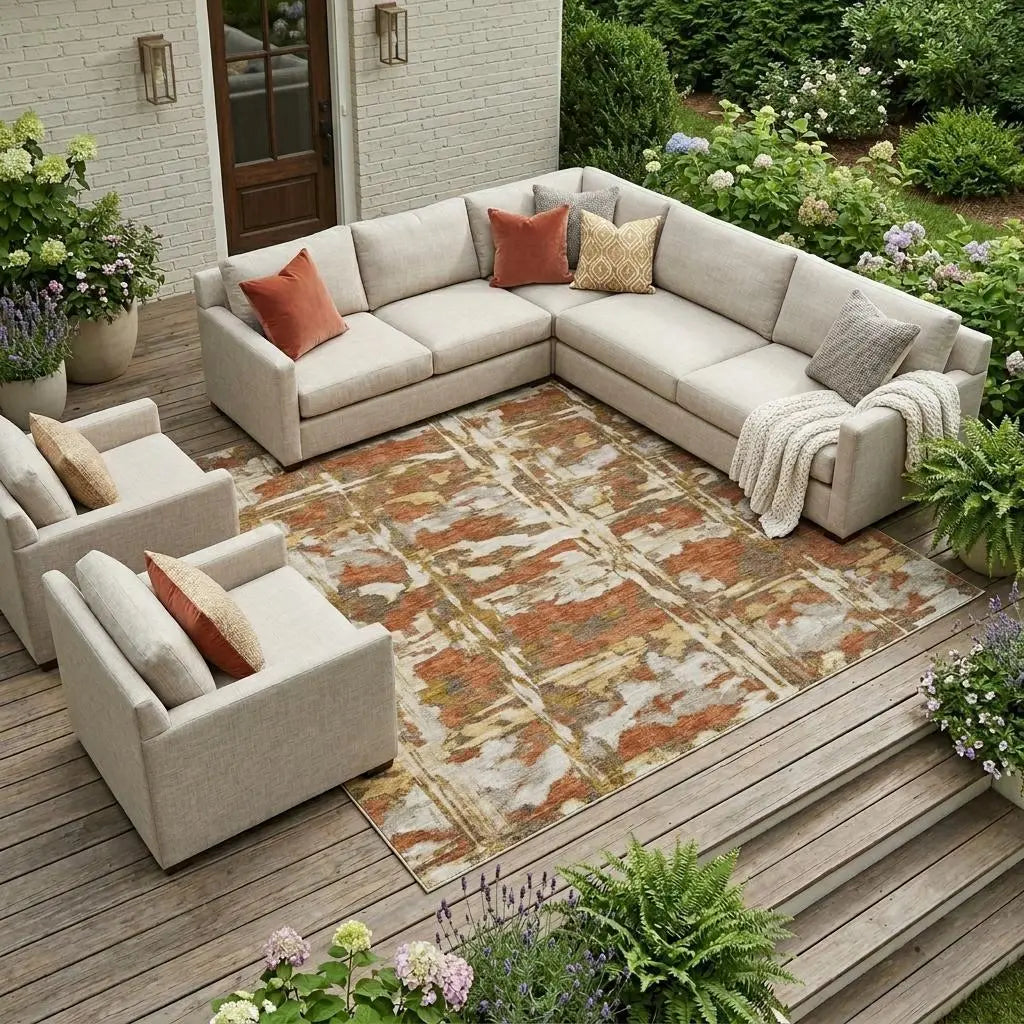 9' X 12' Orange And Brown Abstract Washable Indoor Outdoor Area Rug Homeroots Outdoor
