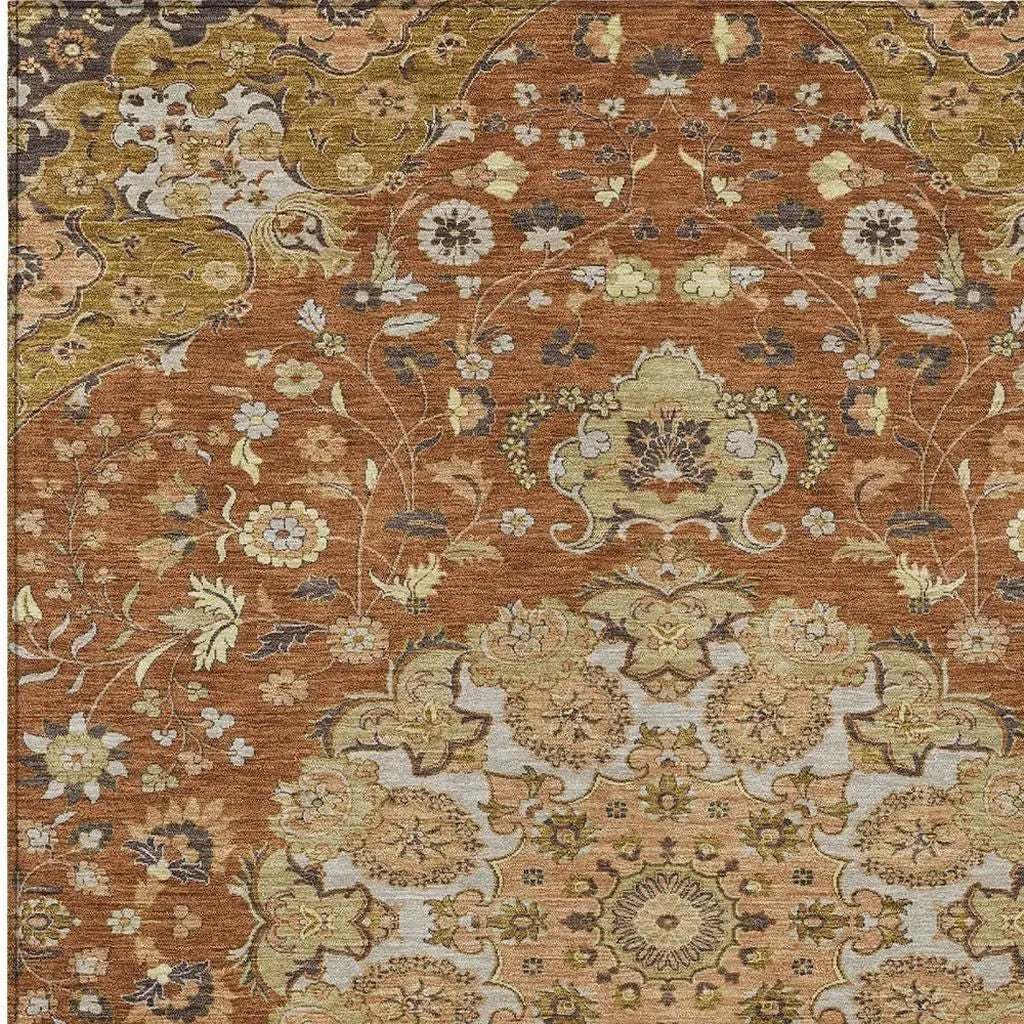 9' X 12' Orange And Brown Damask Washable Indoor Outdoor Area Rug Homeroots Outdoor