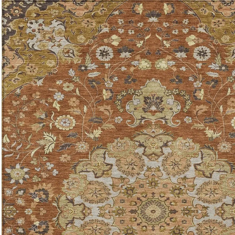 9' X 12' Orange And Brown Damask Washable Indoor Outdoor Area Rug Homeroots Outdoor