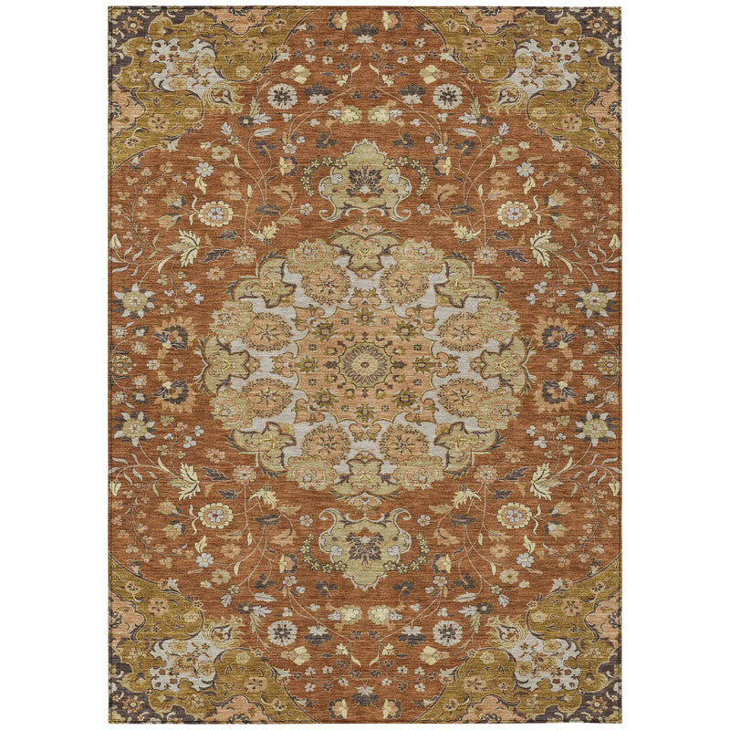 9' X 12' Orange And Brown Damask Washable Indoor Outdoor Area Rug Homeroots Outdoor