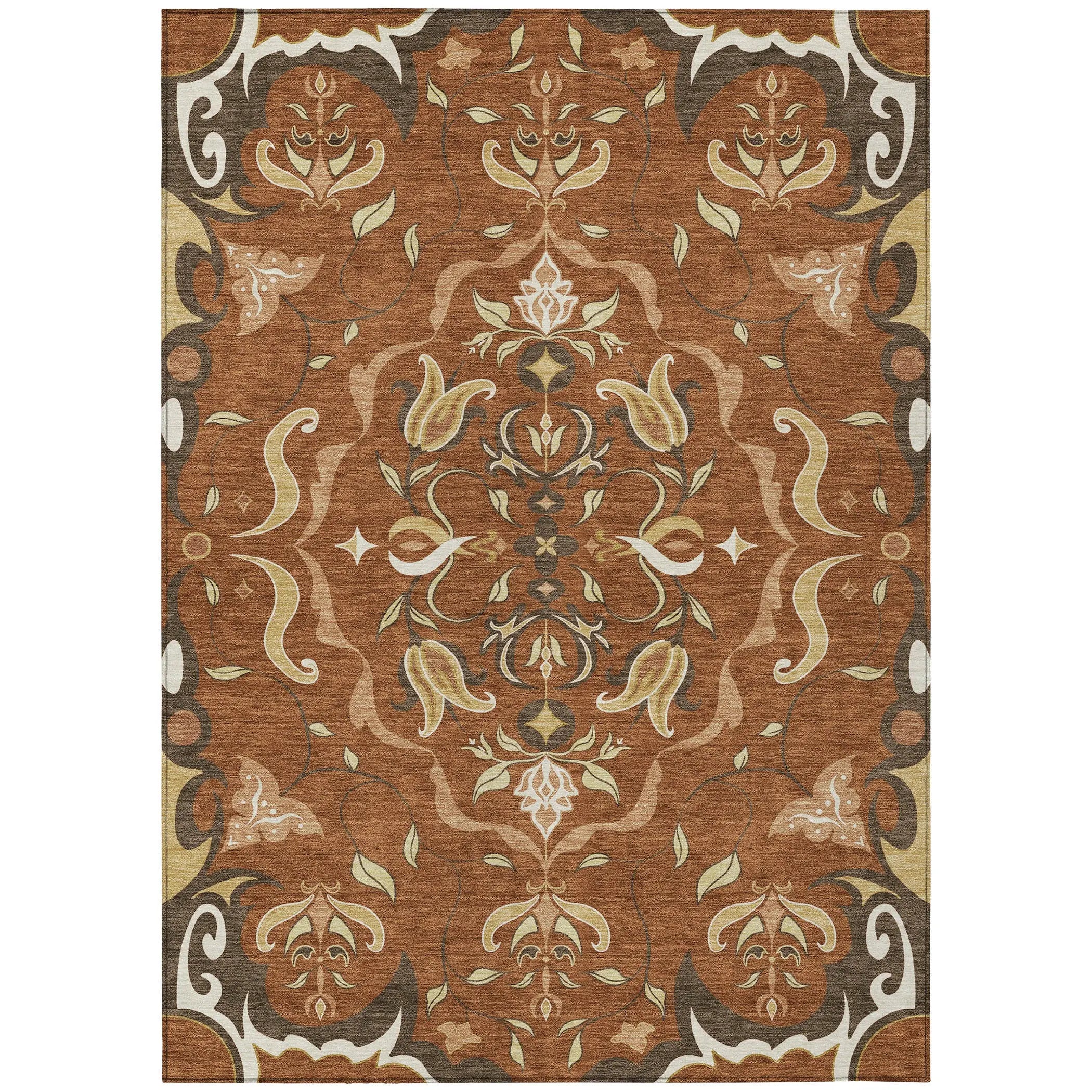 9' X 12' Orange And Brown Damask Washable Indoor Outdoor Area Rug Homeroots Outdoor