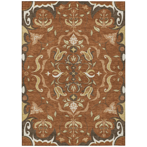 9' X 12' Orange And Brown Damask Washable Indoor Outdoor Area Rug Homeroots Outdoor