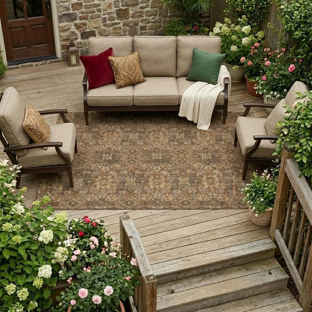 9' X 12' Orange And Brown Damask Washable Indoor Outdoor Area Rug Homeroots Outdoor