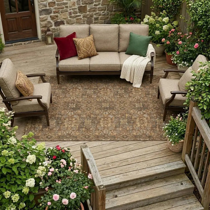 9' X 12' Orange And Brown Damask Washable Indoor Outdoor Area Rug Homeroots Outdoor