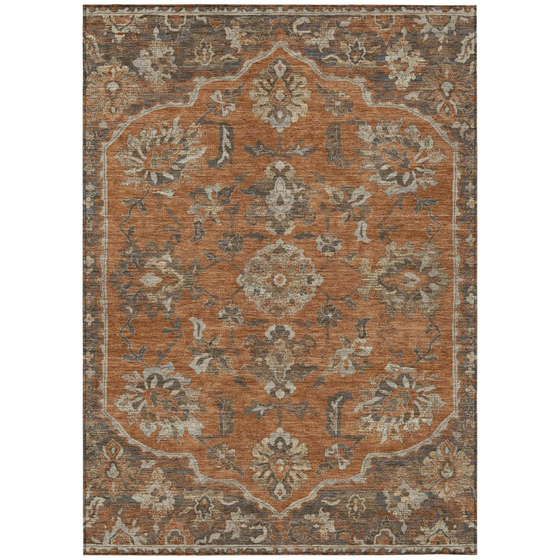 9' X 12' Orange And Brown Floral Medallion Washable Indoor Outdoor Area Rug Homeroots Outdoor