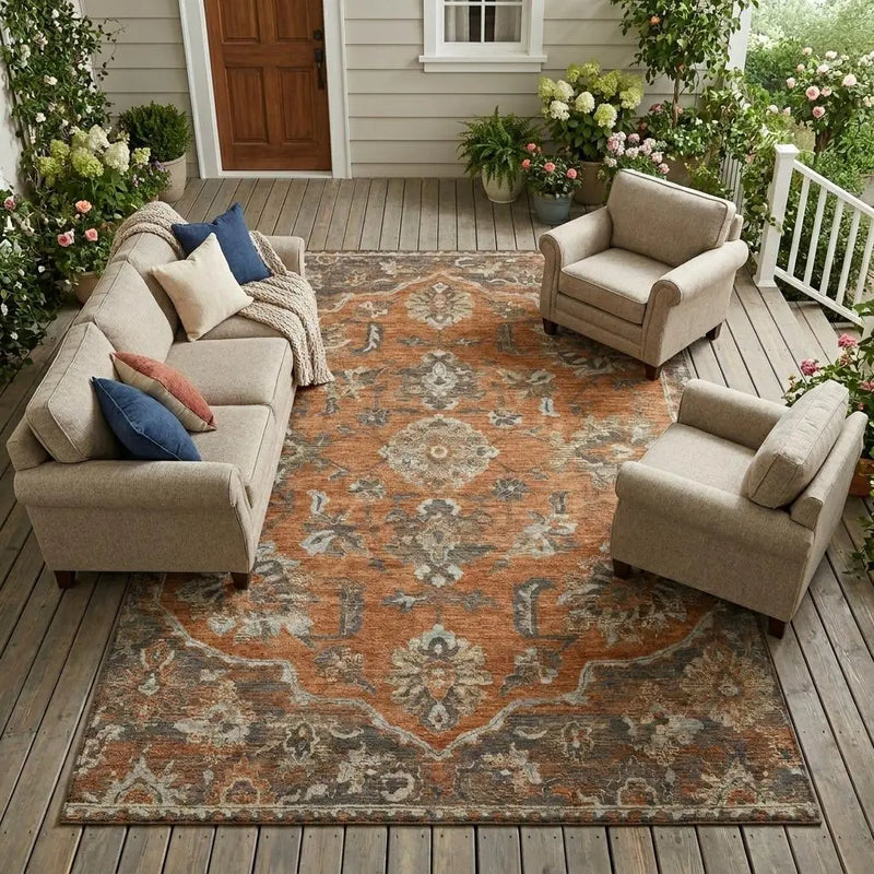9' X 12' Orange And Brown Floral Medallion Washable Indoor Outdoor Area Rug Homeroots Outdoor