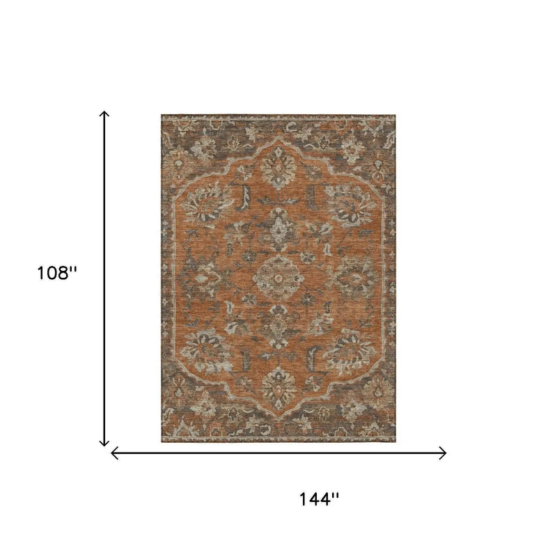 9' X 12' Orange And Brown Floral Medallion Washable Indoor Outdoor Area Rug Homeroots Outdoor