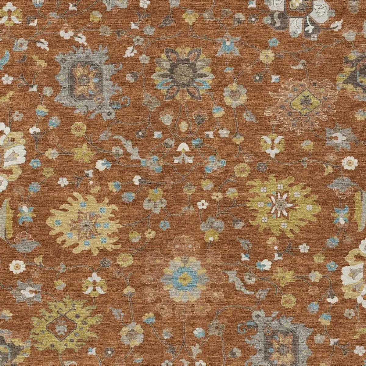 9' X 12' Orange And Brown Floral Washable Indoor Outdoor Area Rug Homeroots Outdoor