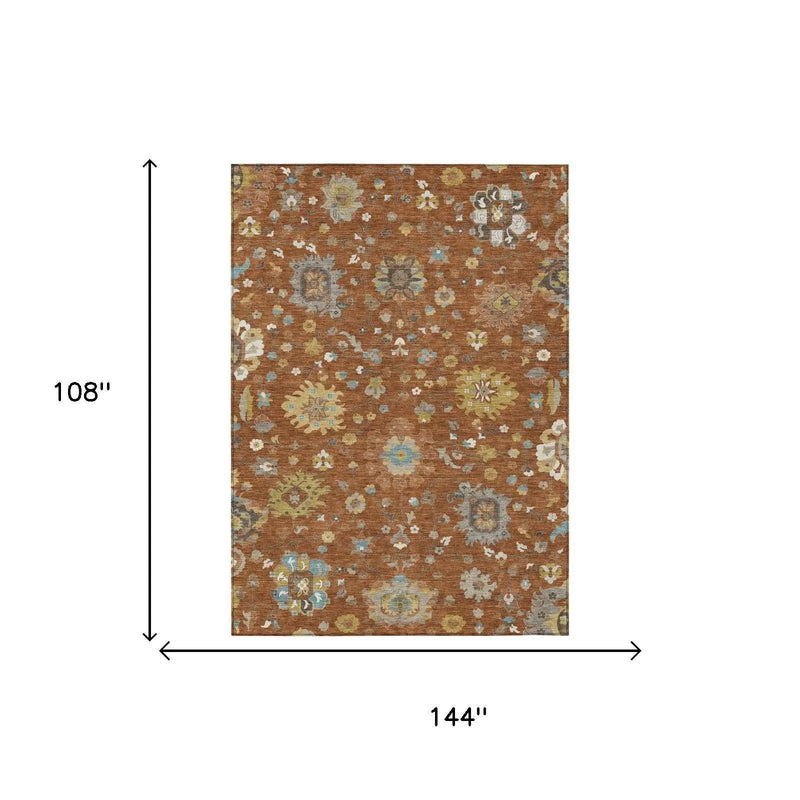 9' X 12' Orange And Brown Floral Washable Indoor Outdoor Area Rug Homeroots Outdoor