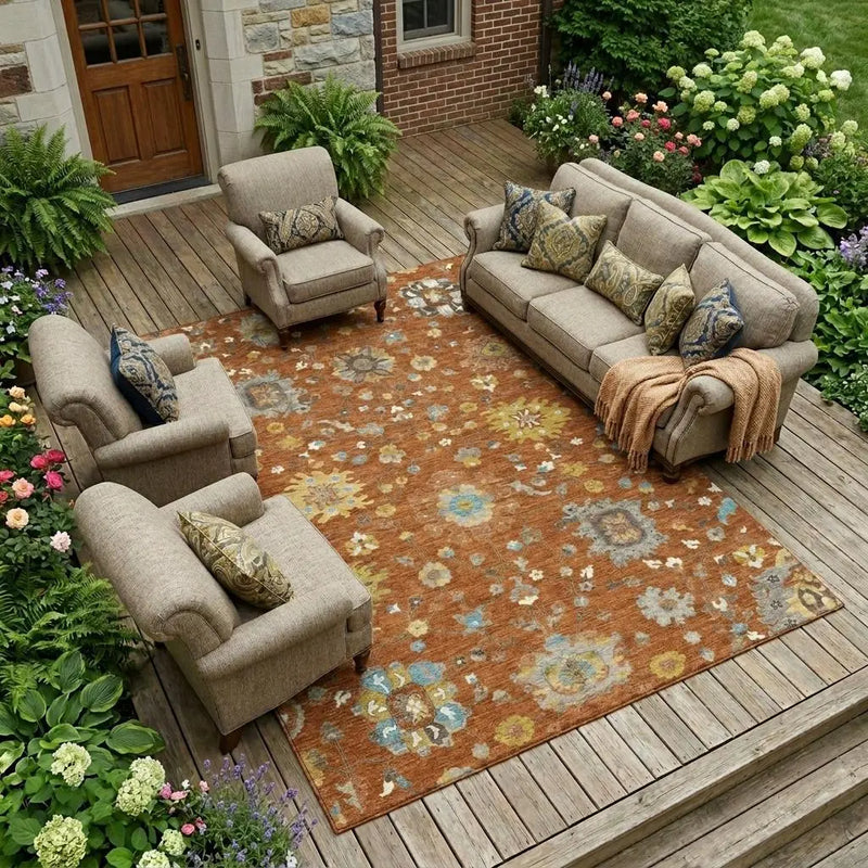 9' X 12' Orange And Brown Floral Washable Indoor Outdoor Area Rug Homeroots Outdoor