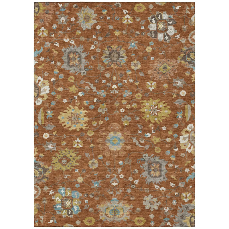 9' X 12' Orange And Brown Floral Washable Indoor Outdoor Area Rug Homeroots Outdoor