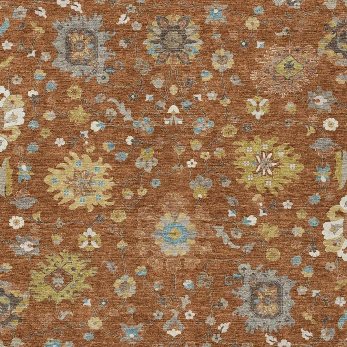 9' X 12' Orange And Brown Floral Washable Indoor Outdoor Area Rug Homeroots Outdoor