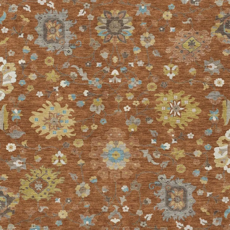 9' X 12' Orange And Brown Floral Washable Indoor Outdoor Area Rug Homeroots Outdoor