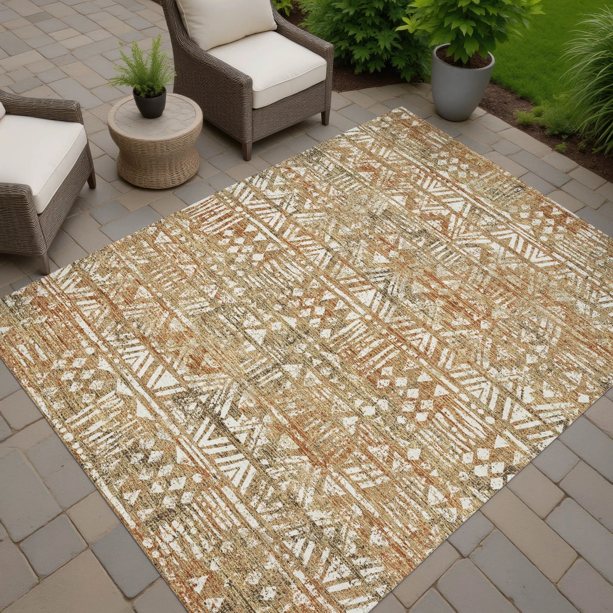 9' X 12' Orange And Brown Geometric Washable Indoor Outdoor Area Rug Homeroots Outdoor