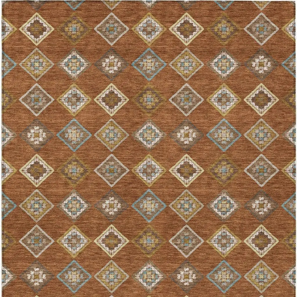 9' X 12' Orange And Brown Geometric Washable Indoor Outdoor Area Rug Homeroots Outdoor