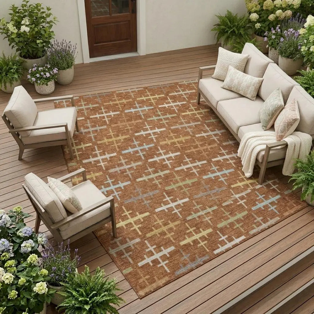 9' X 12' Orange And Brown Geometric Washable Indoor Outdoor Area Rug Homeroots Outdoor
