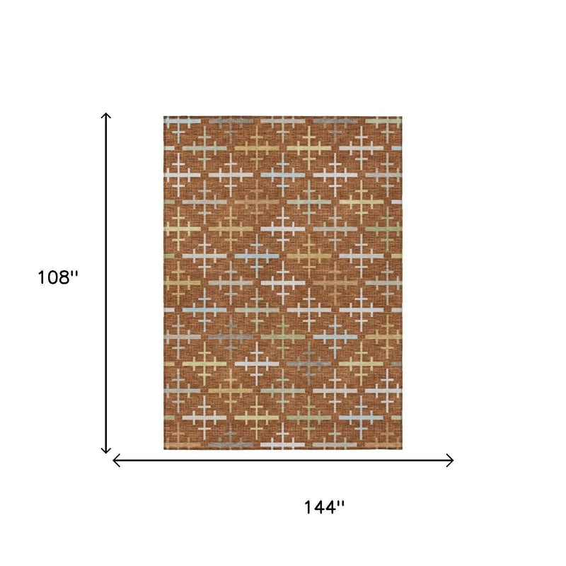 9' X 12' Orange And Brown Geometric Washable Indoor Outdoor Area Rug Homeroots Outdoor