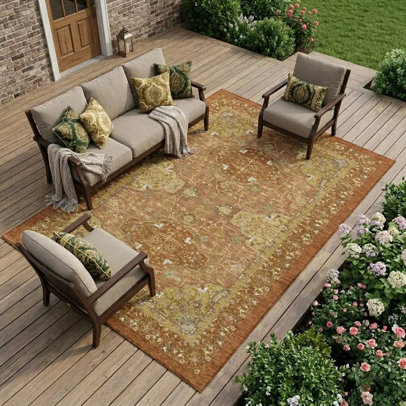 9' X 12' Orange And Brown Oriental Washable Indoor Outdoor Area Rug Homeroots Outdoor