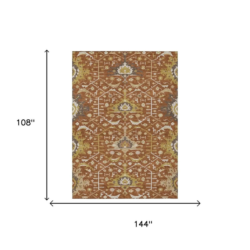 9' X 12' Orange And Brown Oriental Washable Indoor Outdoor Area Rug Homeroots Outdoor