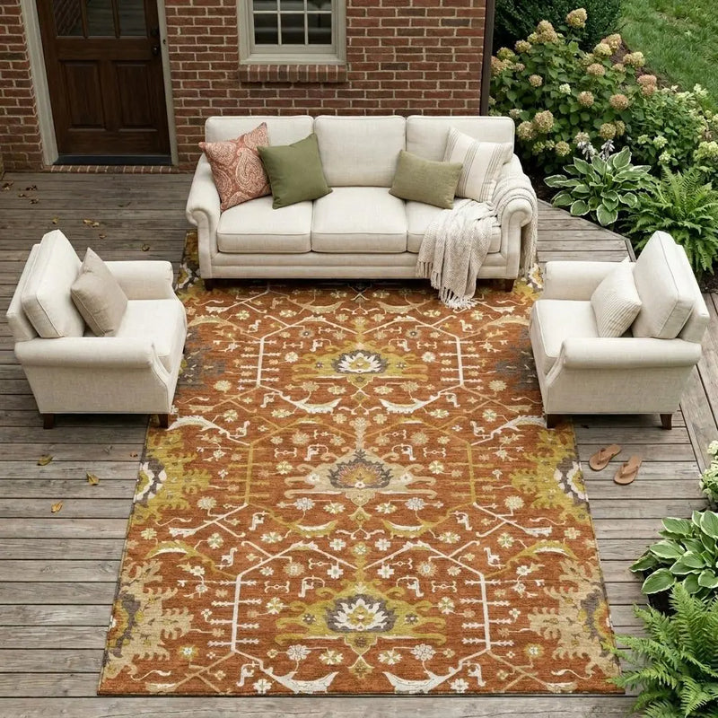 9' X 12' Orange And Brown Oriental Washable Indoor Outdoor Area Rug Homeroots Outdoor