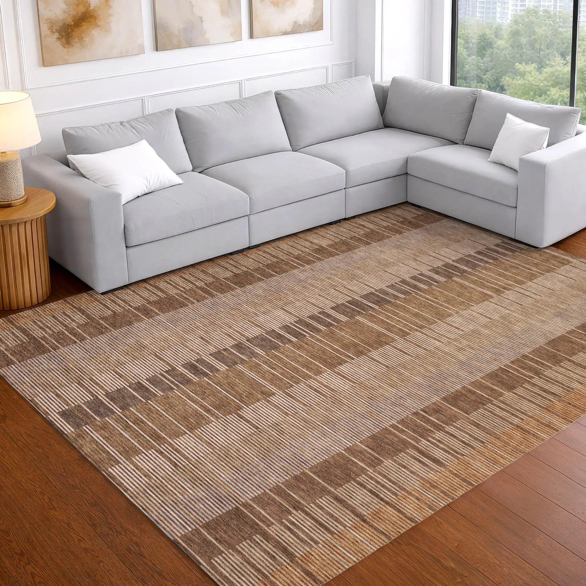 9' X 12' Orange And Brown Striped Washable Indoor Outdoor Area Rug Homeroots Outdoor