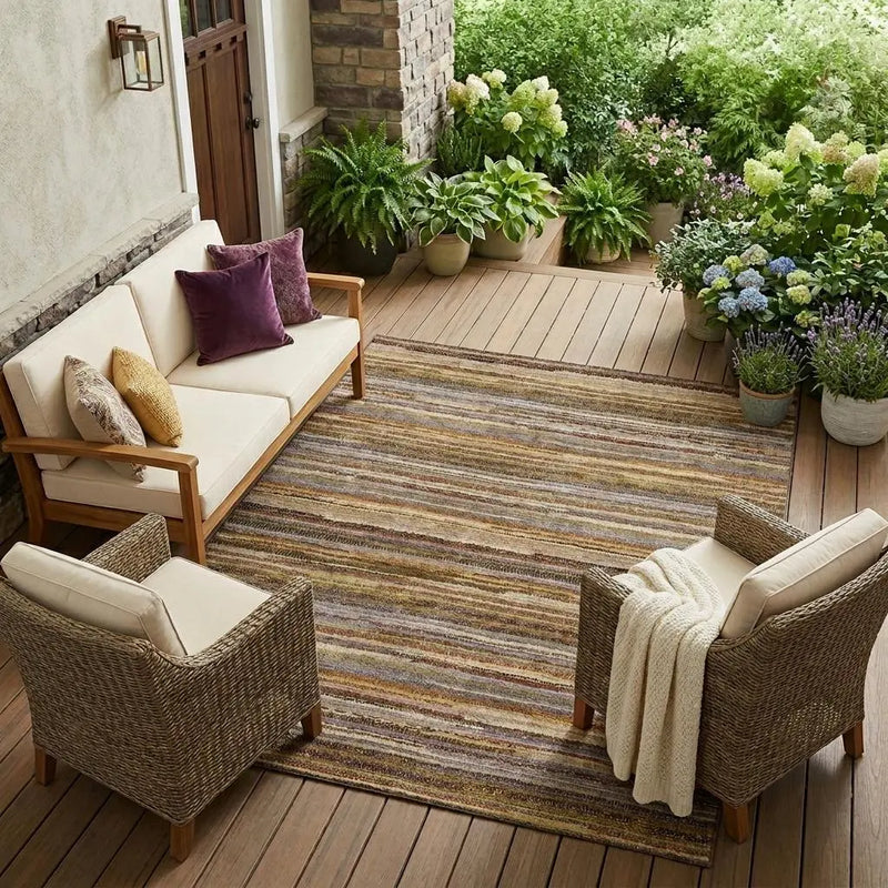 9' X 12' Orange And Brown Striped Washable Indoor Outdoor Area Rug Homeroots Outdoor