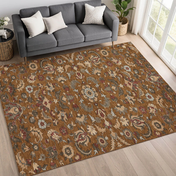 9' X 12' Orange And Burgundy Floral Medallion Washable Indoor Outdoor Area Rug Homeroots Outdoor
