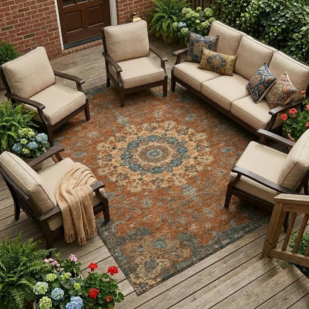 9' X 12' Orange And Charcoal Floral Medallion Washable Indoor Outdoor Area Rug Homeroots Outdoor