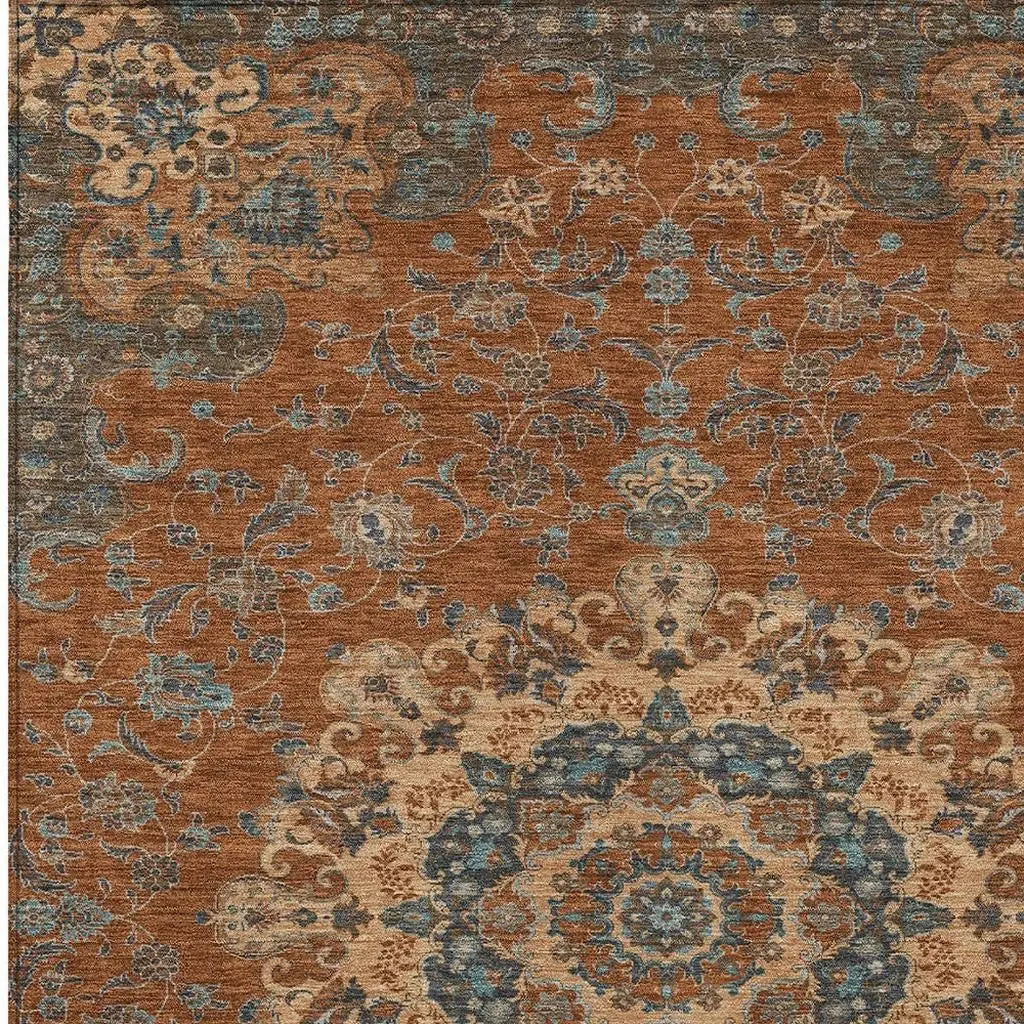 9' X 12' Orange And Charcoal Floral Medallion Washable Indoor Outdoor Area Rug Homeroots Outdoor