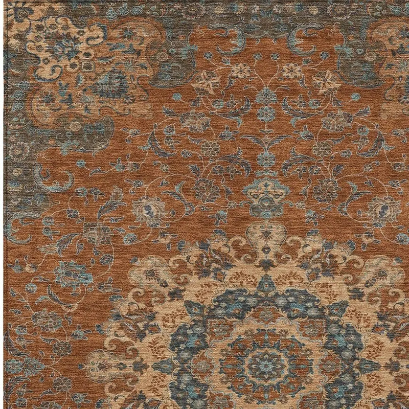 9' X 12' Orange And Charcoal Floral Medallion Washable Indoor Outdoor Area Rug Homeroots Outdoor