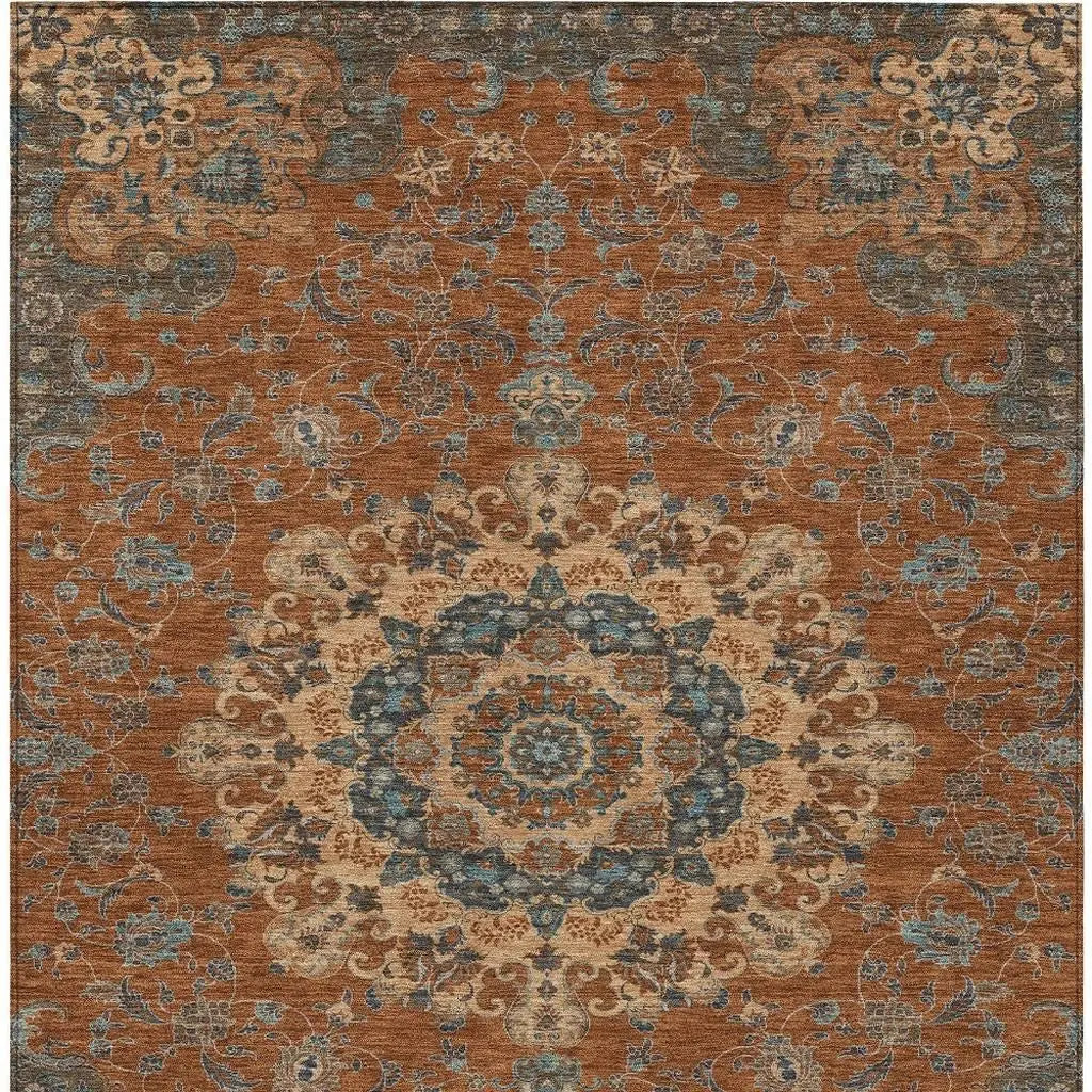 9' X 12' Orange And Charcoal Floral Medallion Washable Indoor Outdoor Area Rug Homeroots Outdoor