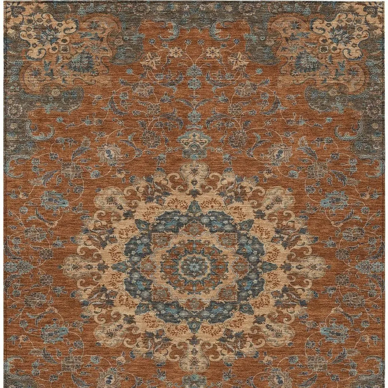 9' X 12' Orange And Charcoal Floral Medallion Washable Indoor Outdoor Area Rug Homeroots Outdoor