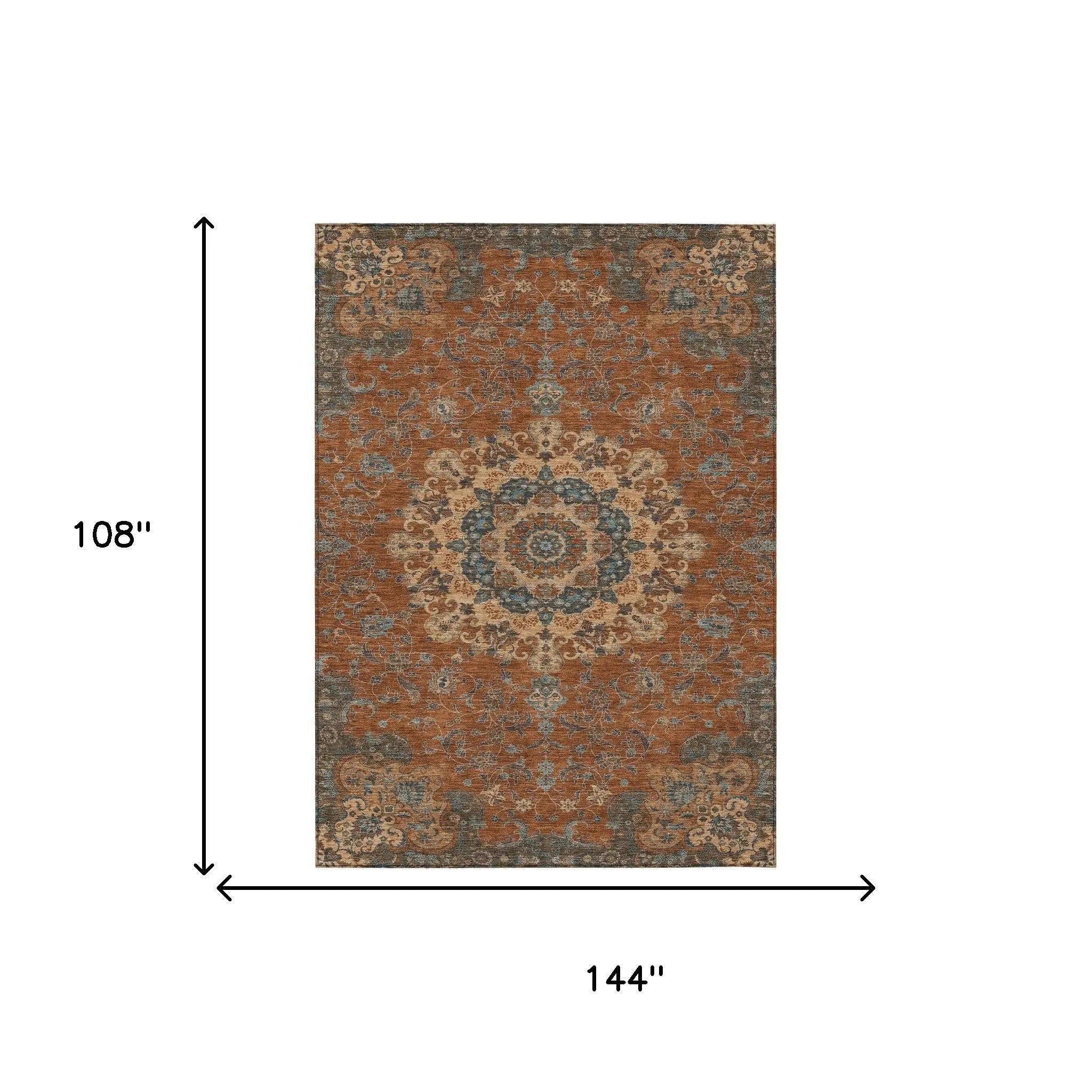 9' X 12' Orange And Charcoal Floral Medallion Washable Indoor Outdoor Area Rug Homeroots Outdoor