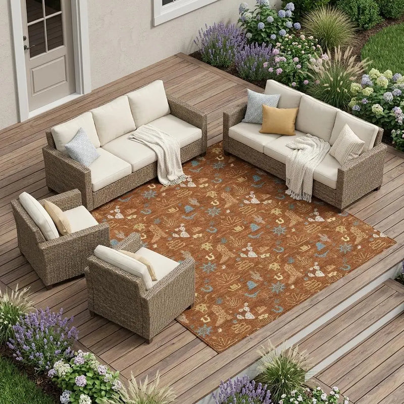 9' X 12' Orange And Copper Cactus Washable Indoor Outdoor Area Rug Homeroots Outdoor