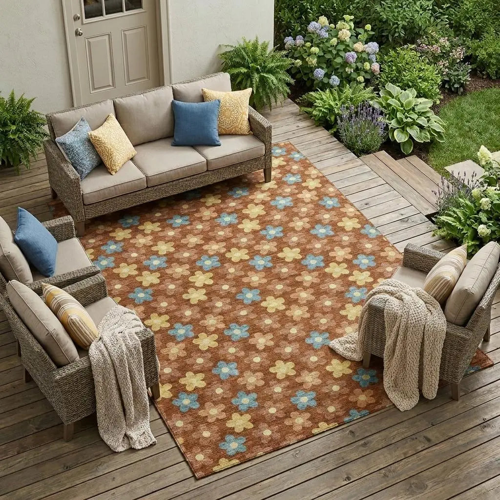 9' X 12' Orange And Copper Floral Washable Indoor Outdoor Area Rug Homeroots Outdoor