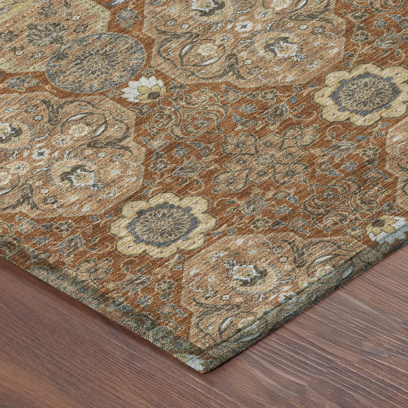 9' X 12' Orange And Copper Floral Washable Indoor Outdoor Area Rug Homeroots Outdoor