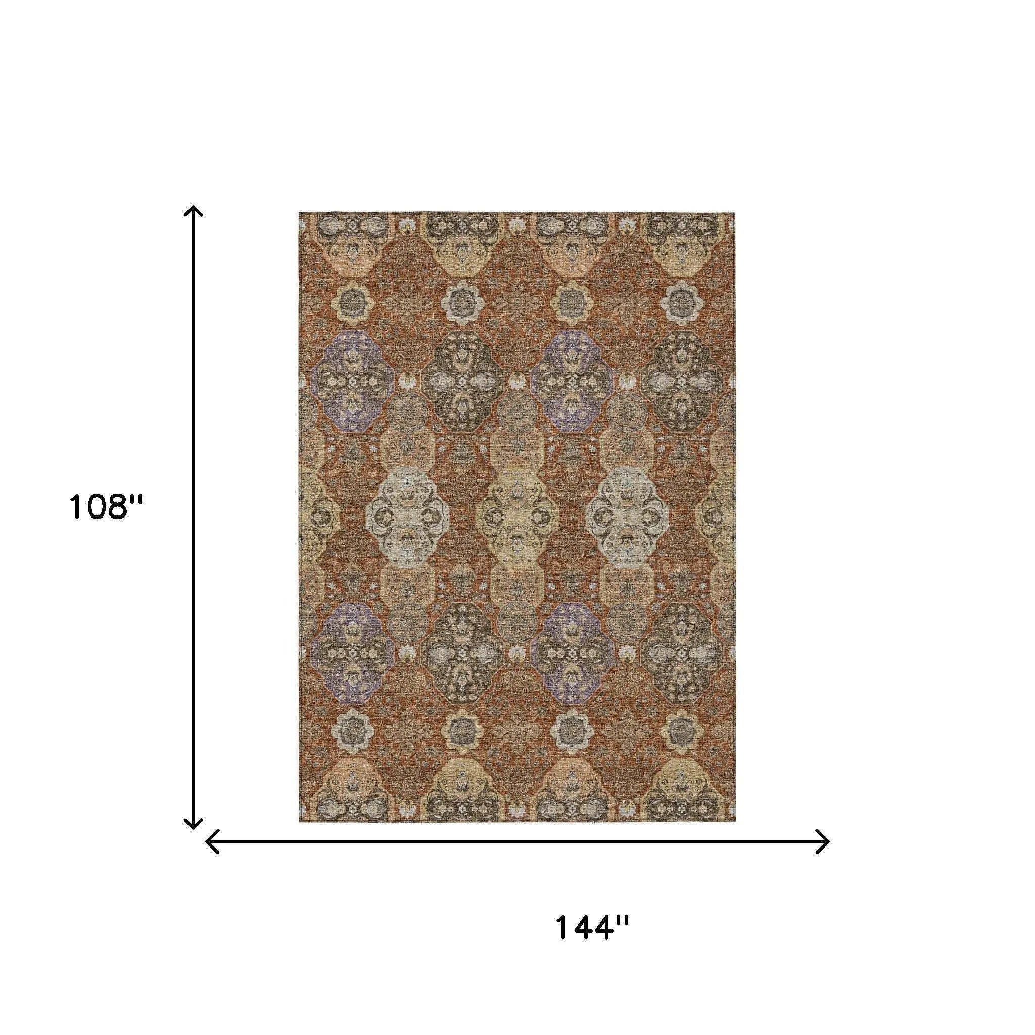 9' X 12' Orange And Copper Floral Washable Indoor Outdoor Area Rug Homeroots Outdoor