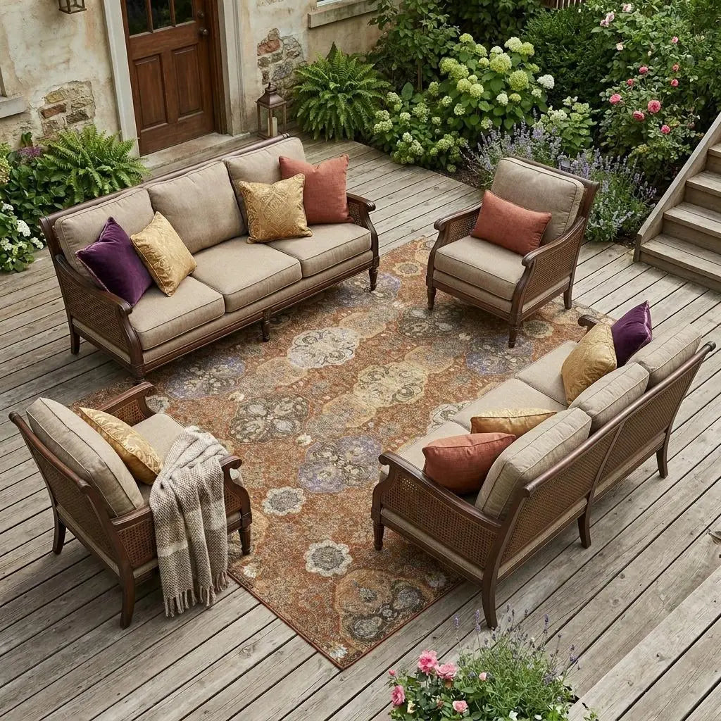9' X 12' Orange And Copper Floral Washable Indoor Outdoor Area Rug Homeroots Outdoor