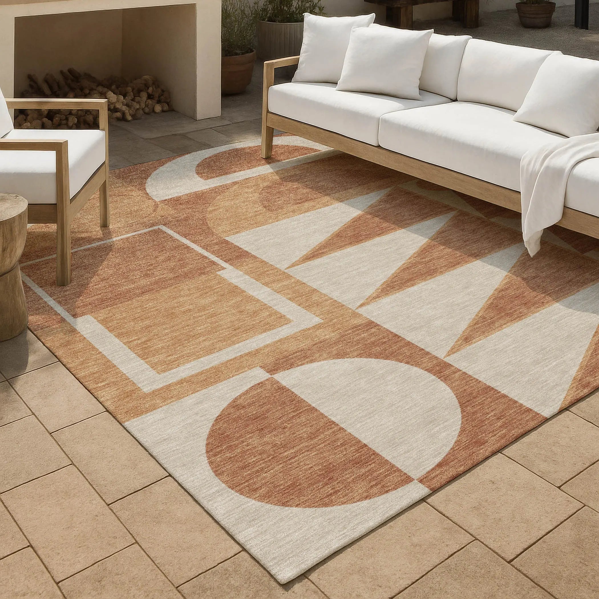 9' X 12' Orange And Copper Geometric Washable Indoor Outdoor Area Rug Homeroots Outdoor