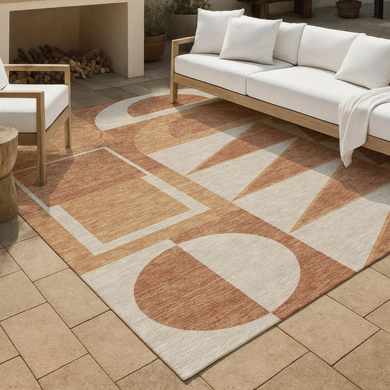 9' X 12' Orange And Copper Geometric Washable Indoor Outdoor Area Rug Homeroots Outdoor