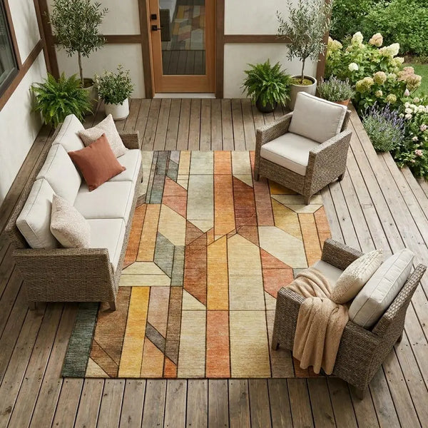 9' X 12' Orange And Copper Geometric Washable Indoor Outdoor Area Rug Homeroots Outdoor