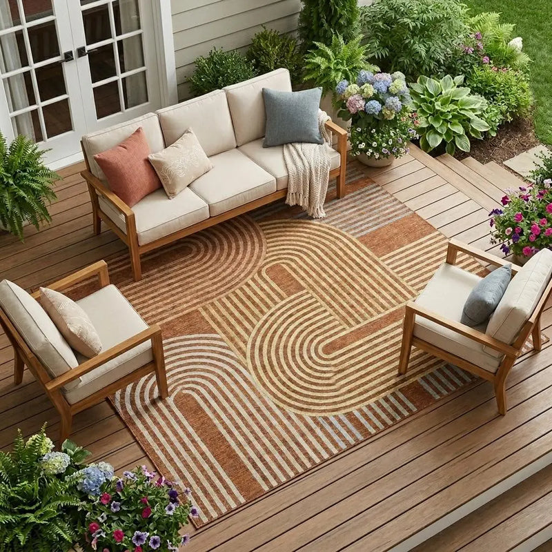 9' X 12' Orange And Copper Geometric Washable Indoor Outdoor Area Rug Homeroots Outdoor
