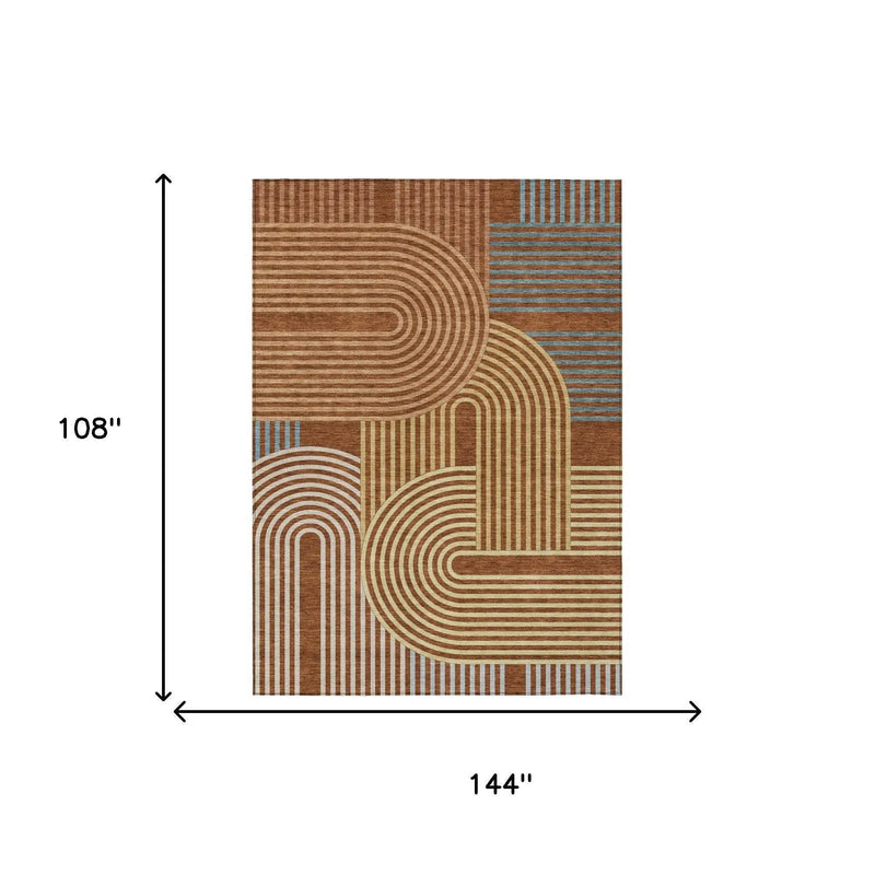 9' X 12' Orange And Copper Geometric Washable Indoor Outdoor Area Rug Homeroots Outdoor