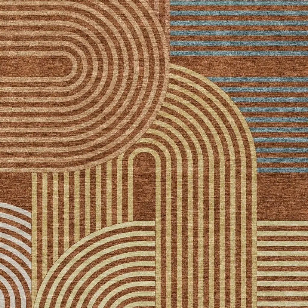 9' X 12' Orange And Copper Geometric Washable Indoor Outdoor Area Rug Homeroots Outdoor