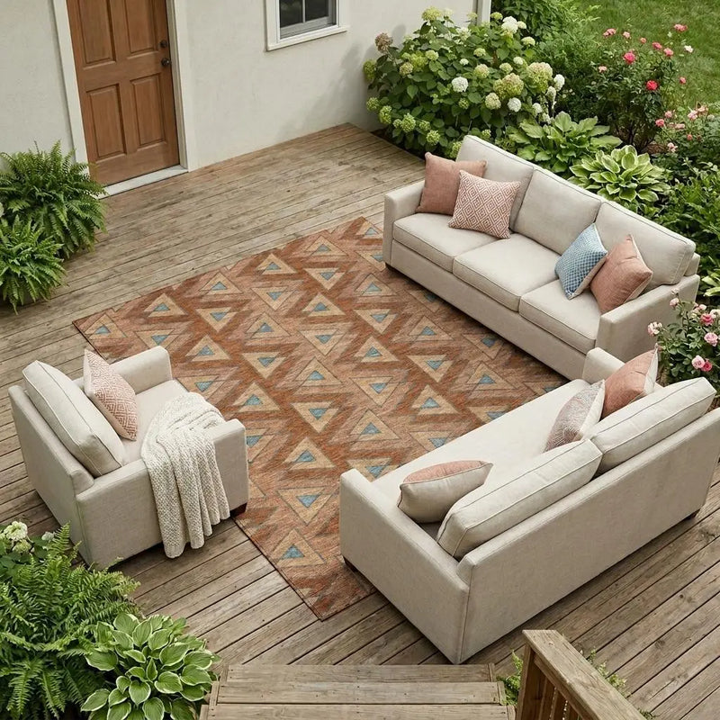 9' X 12' Orange And Copper Geometric Washable Indoor Outdoor Area Rug Homeroots Outdoor