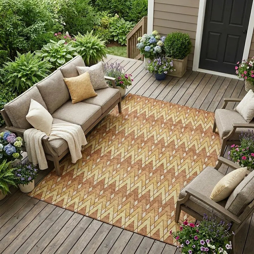 9' X 12' Orange And Copper Geometric Washable Indoor Outdoor Area Rug Homeroots Outdoor